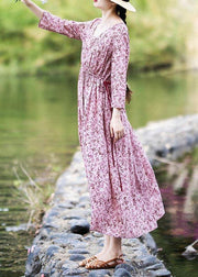 Vintage Pink Purple Print Cinched Cotton Pockets Summer Long Dresses - bagstylebliss