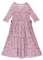 Vintage Pink Purple Print Cinched Cotton Pockets Summer Long Dresses - bagstylebliss