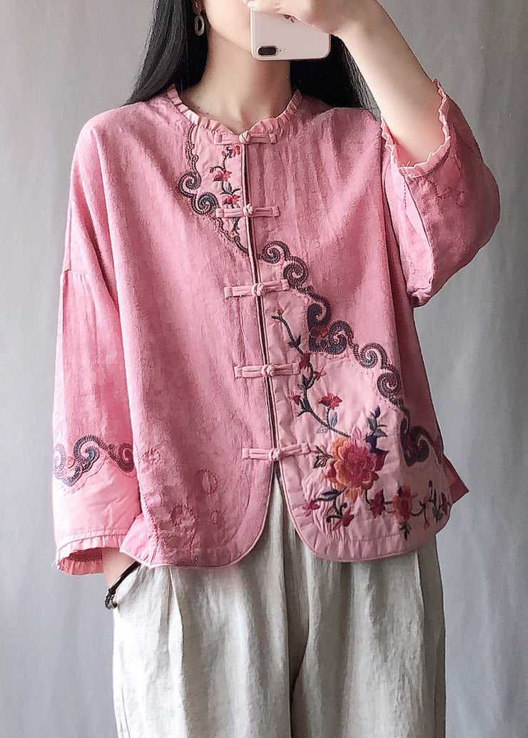 Vintage Pink Ruffled Embroideried Chinese Button Cotton Short Coat Spring