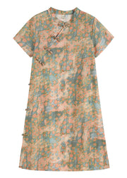 Vintage Pink Stand Collar Print Linen Cheongsam Dress Short Sleeve