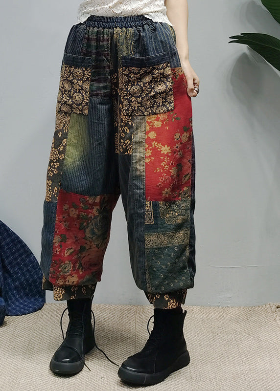 Vintage Pockets Print Elastic Waist Cotton Wide Leg Pants Fall