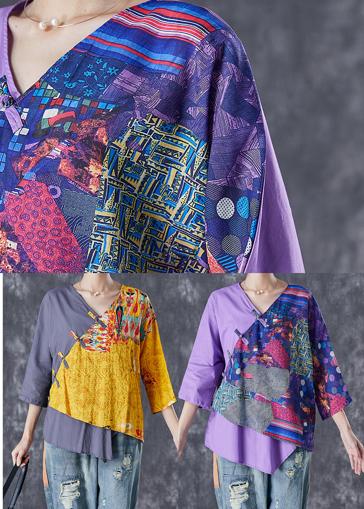 Vintage Purple Asymmetrical Print Linen Shirt Tops Summer