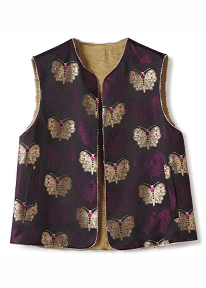 Vintage Purple Embroidered Nail Bead Silk Waistcoat Fall