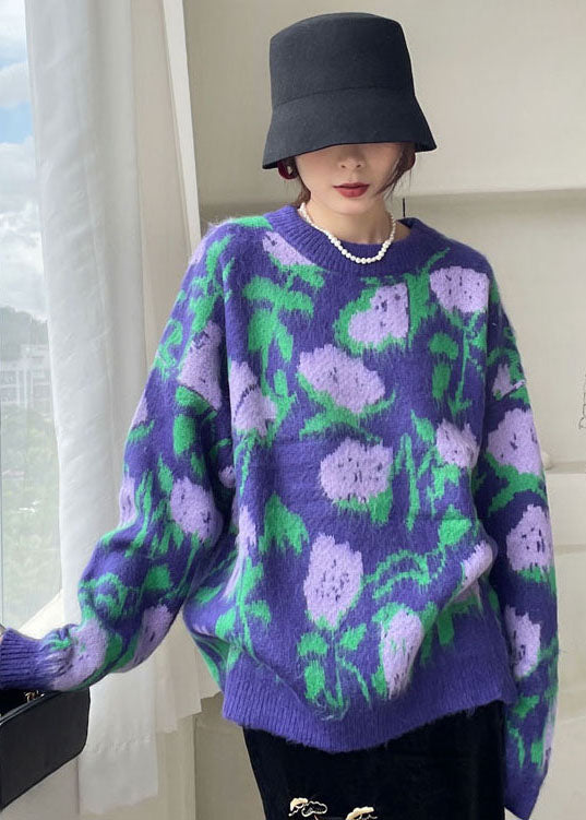 Vintage Purple Floral Knit Sweaters Winter