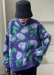 Vintage Purple Floral Knit Sweaters Winter