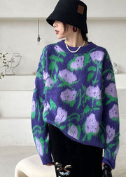 Vintage Purple Floral Knit Sweaters Winter