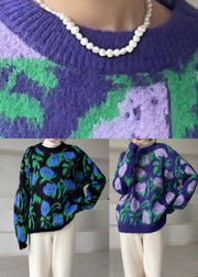 Vintage Purple Floral Knit Sweaters Winter