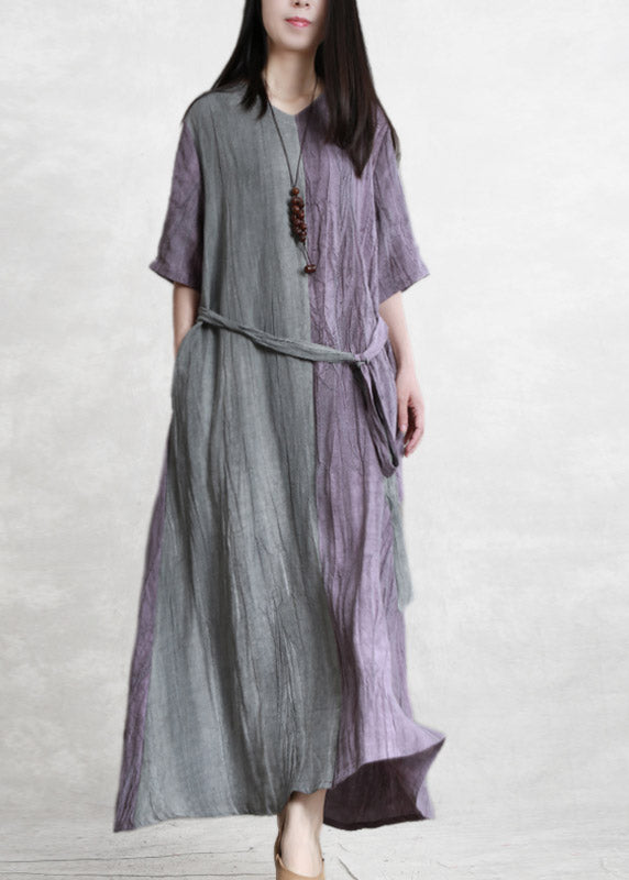 Vintage Purple Grey Patchwork V Neck  Pockets wrinkled Tie Waist Linen Dress Half Sleeve