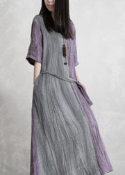 Vintage Purple Grey Patchwork V Neck  Pockets wrinkled Tie Waist Linen Dress Half Sleeve