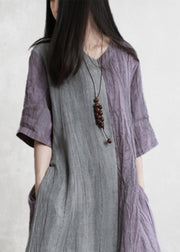 Vintage Purple Grey Patchwork V Neck  Pockets wrinkled Tie Waist Linen Dress Half Sleeve