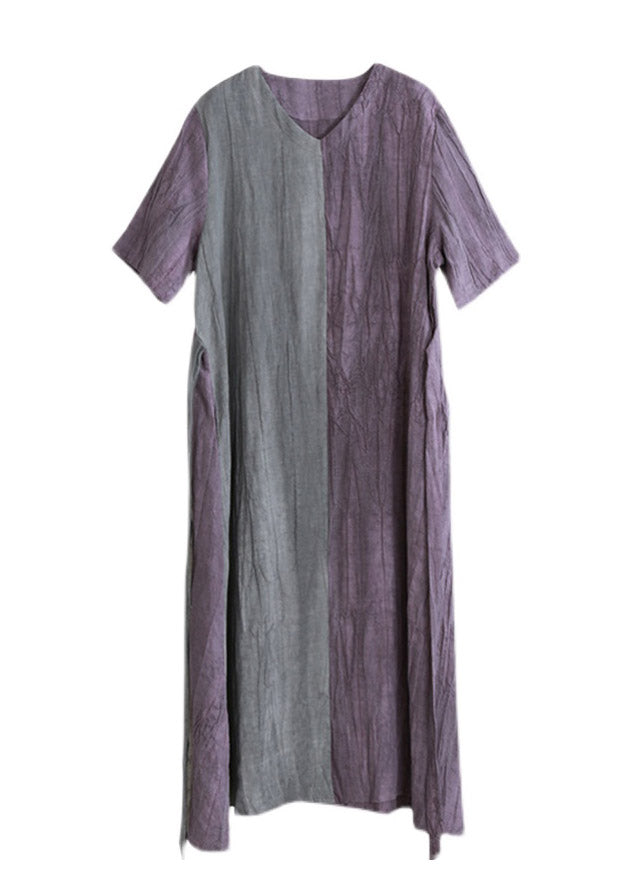 Vintage Purple Grey Patchwork V Neck  Pockets wrinkled Tie Waist Linen Dress Half Sleeve