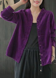 Vintage Purple V Neck Solid Color Button Corduroy Shirt Tops Long Sleeve