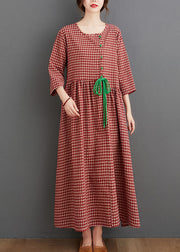 Vintage Red Oriental O-Neck Plaid Linen Long Dresses Three Quarter sleeve