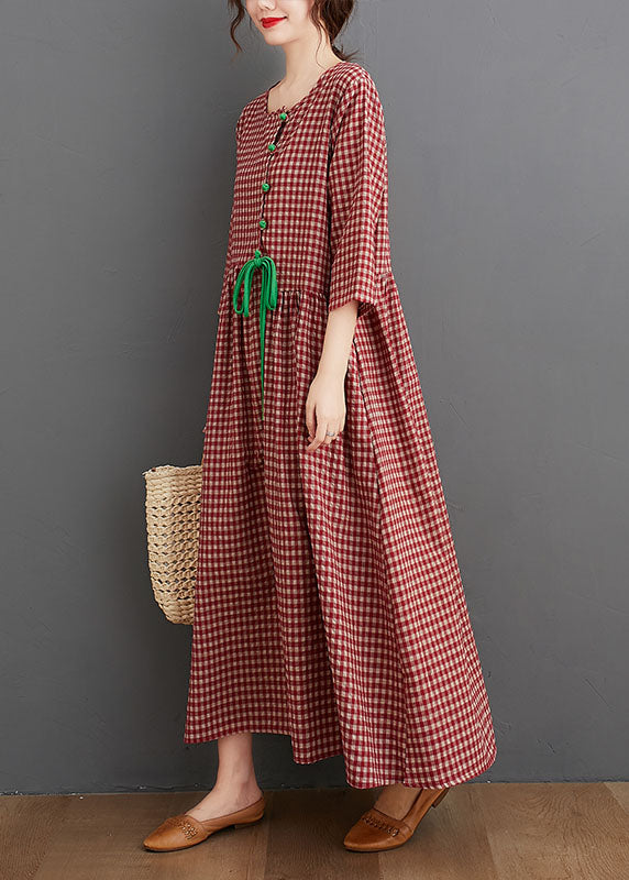 Vintage Red Oriental O-Neck Plaid Linen Long Dresses Three Quarter sleeve