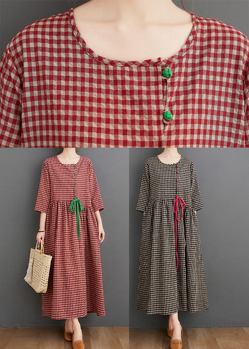 Vintage Red Oriental O-Neck Plaid Linen Long Dresses Three Quarter sleeve