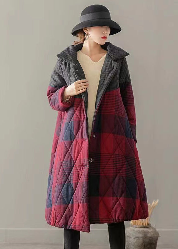 Vintage Red Pockets Plaid Patchwork Fine Cotton Filled Coats Winter