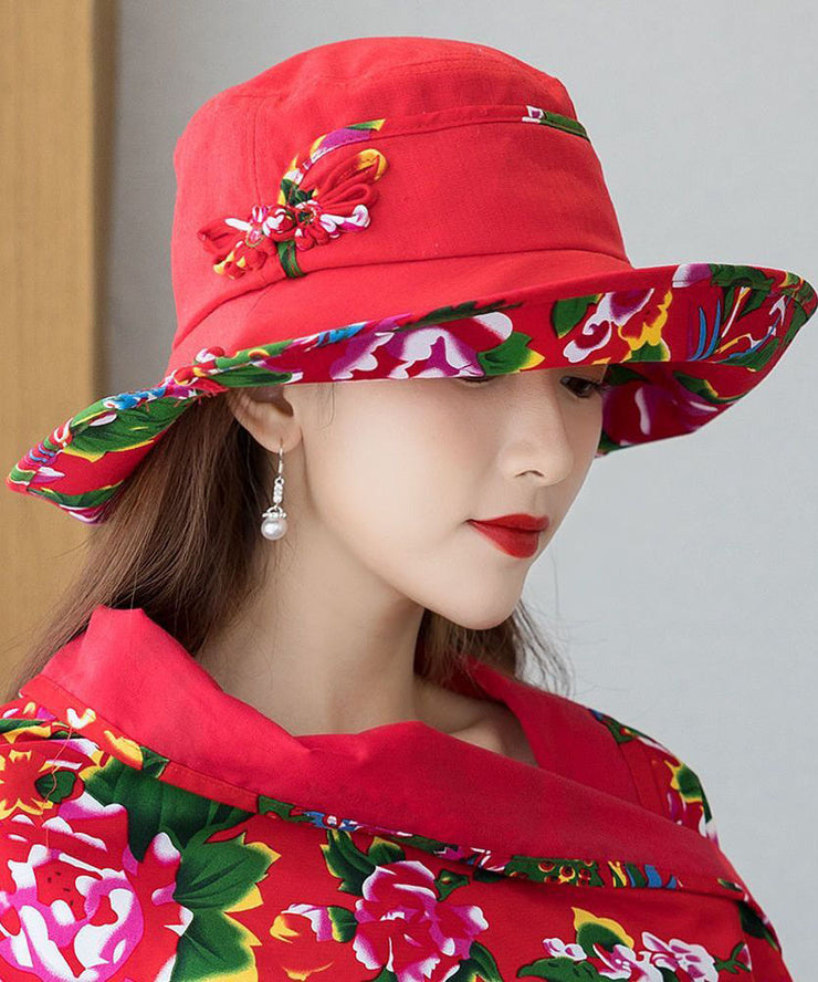 Vintage Red Print Linen Contton Floppy Sun Hat