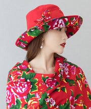 Vintage Red Print Linen Contton Floppy Sun Hat