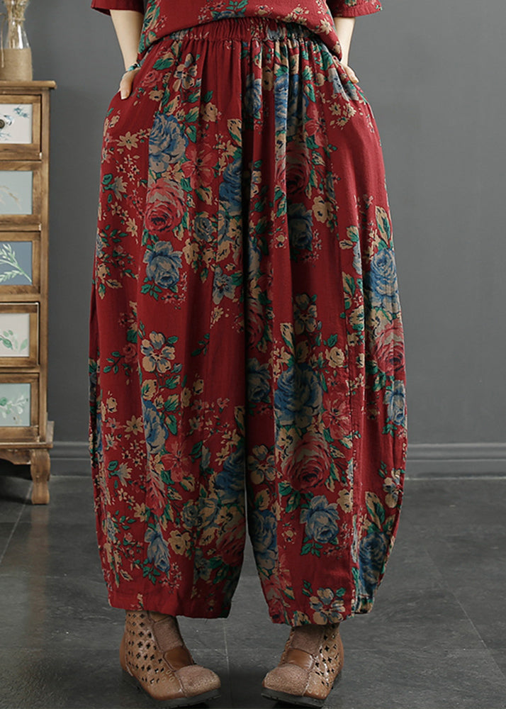 Vintage Red Print Pockets Elastic Waist Cotton Lantern Pants Fall