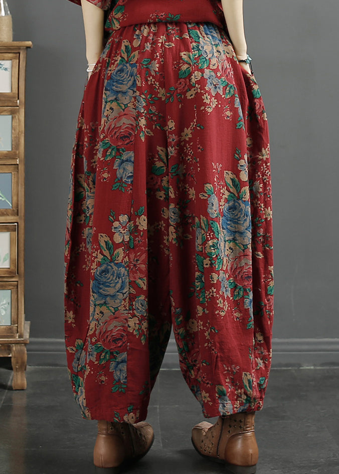 Vintage Red Print Pockets Elastic Waist Cotton Lantern Pants Fall