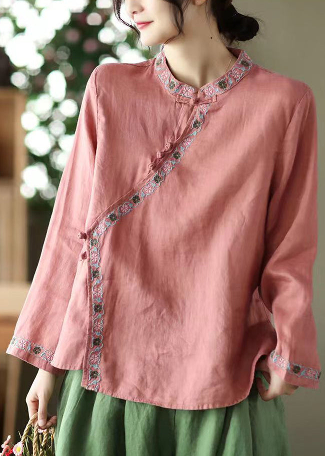 Vintage Red Stand Collar Embroideried Linen Shirt Top Long Sleeve