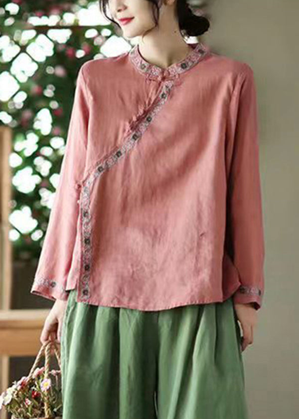 Vintage Red Stand Collar Embroideried Linen Shirt Top Long Sleeve