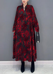 Vintage Red Stand Collar Print Patchwork Loose Velour Dresses Fall