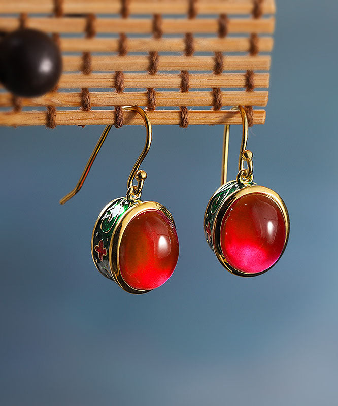 Vintage Red Sterling Silver Overgild Enamel Gem Stone Drop Earrings