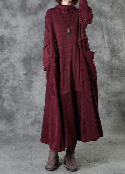 Vintage Red Turtleneck Patchwork Winter Knitted Dress - bagstylebliss