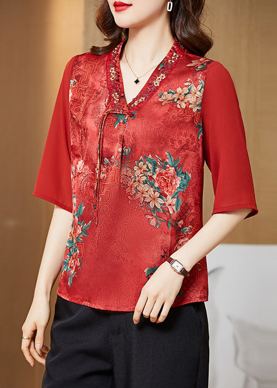 Vintage Red V Neck Embroideried Patchwork Silk Blouse Top Half Sleeve