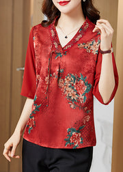 Vintage Red V Neck Embroideried Patchwork Silk Blouse Top Half Sleeve