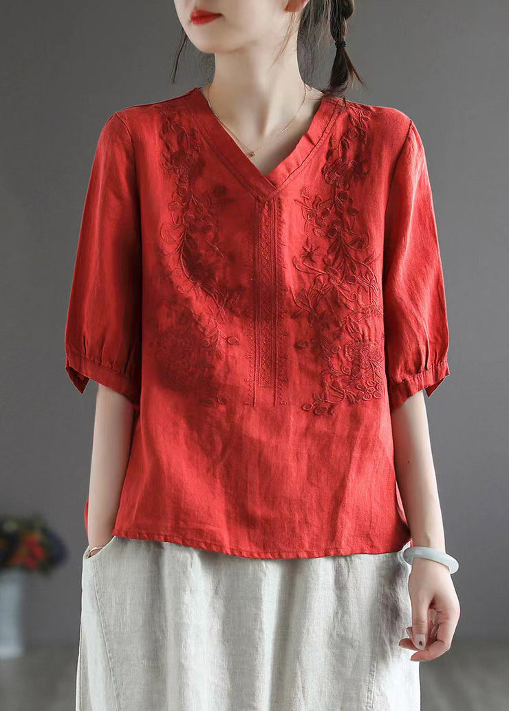 Vintage Red V Neck Embroidered Top Half Sleeve