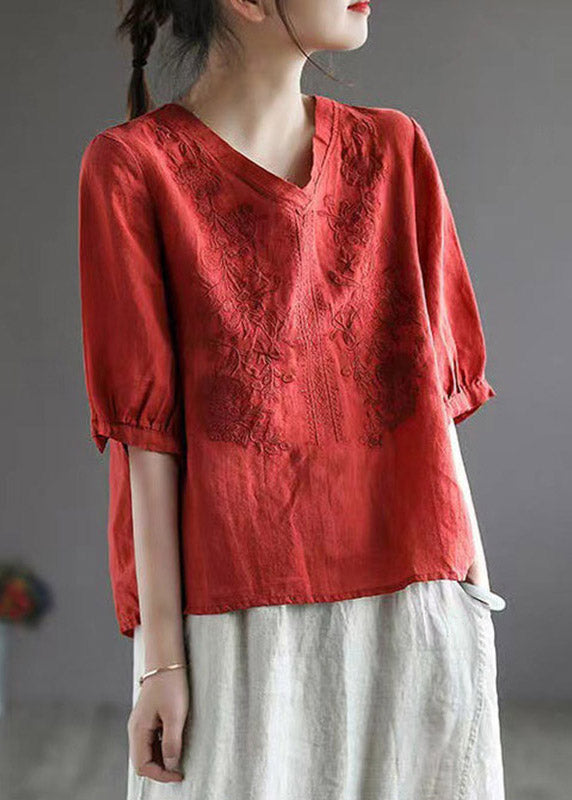 Vintage Red V Neck Embroidered Top Half Sleeve