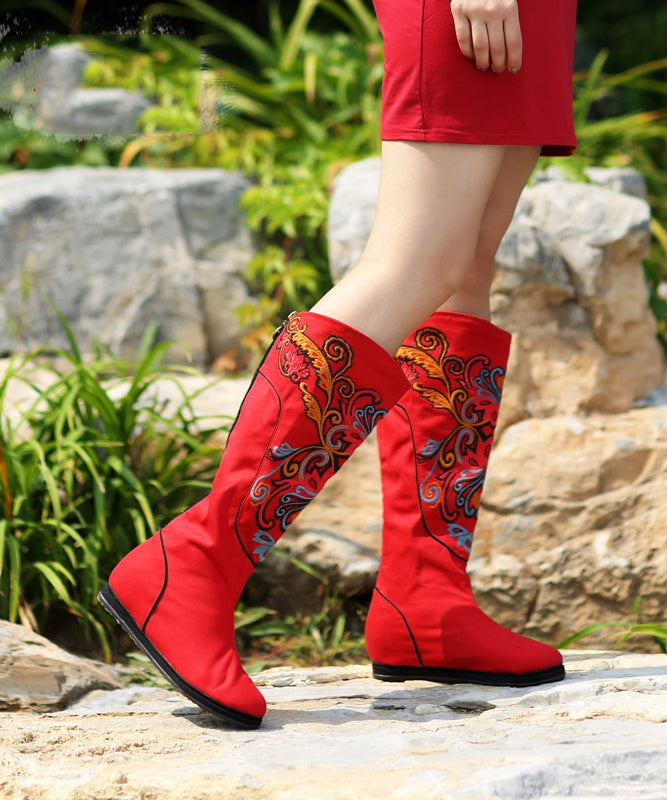 Vintage Red Wedge Boots Embroideried Comfy Cotton Fabric zippered Splicing Boots