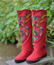 Vintage Red Wedge Boots Embroideried Comfy Cotton Fabric zippered Splicing Boots