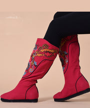 Vintage Red Wedge Boots Embroideried Comfy Cotton Fabric zippered Splicing Boots