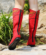 Vintage Red Wedge Boots Embroidered Comfy Cotton Fabric zippered Splicing Boots