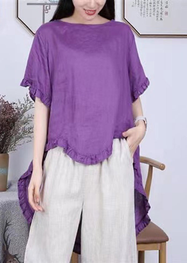 Vintage Rose Asymmetrical Ruffled Patchwork Linen Tops Summer