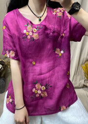 Vintage Rose O-Neck Embroideried Floral Button Side Open Linen Shirt Short Sleeve