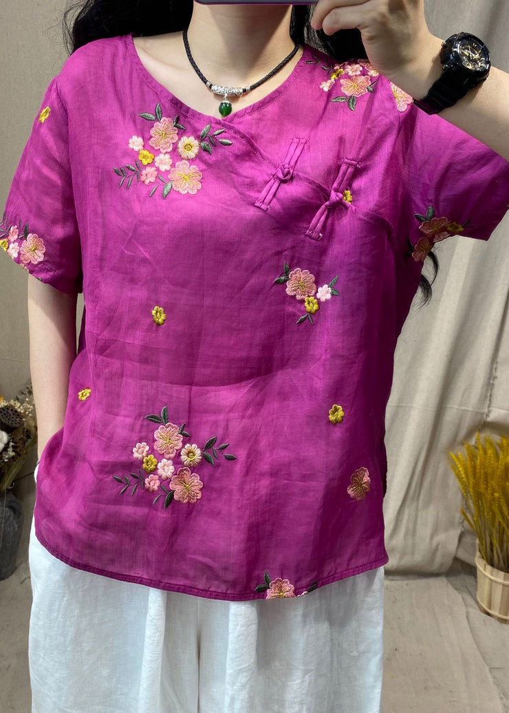 Vintage Rose O-Neck Embroideried Floral Button Side Open Linen Shirt Short Sleeve