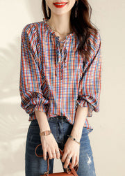 Vintage Ruffled Plaid Blouse Tops Spring