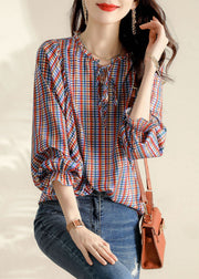 Vintage Ruffled Plaid Blouse Tops Spring