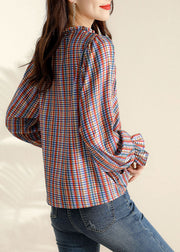 Vintage Ruffled Plaid Blouse Tops Spring