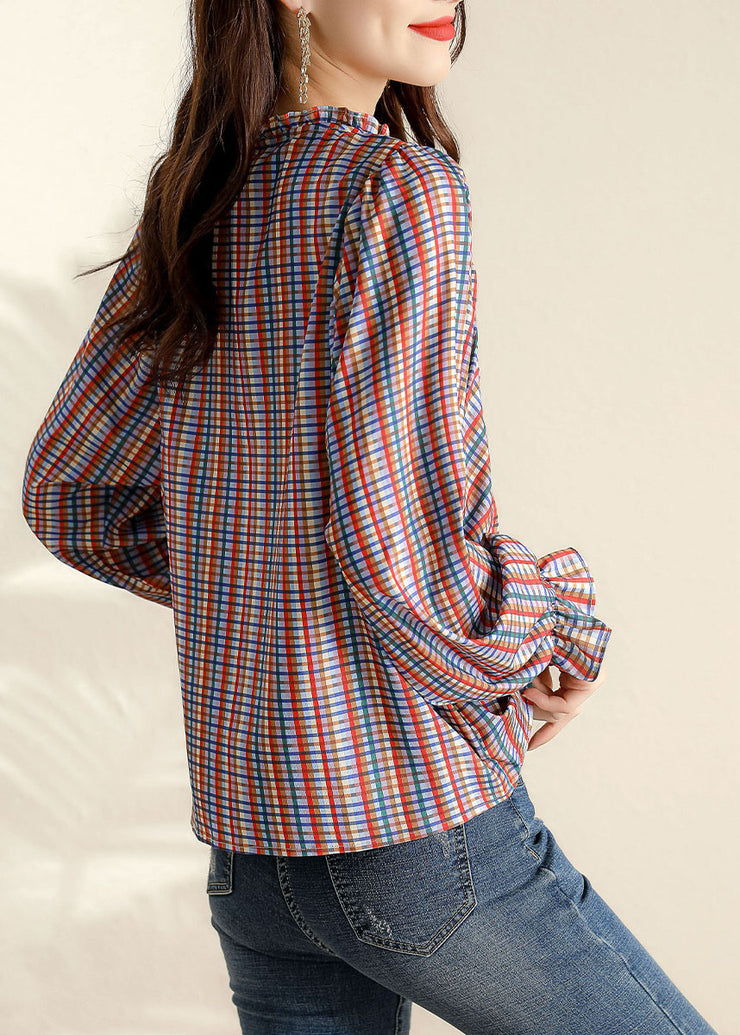 Vintage Ruffled Plaid Blouse Tops Spring