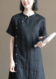 Vintage Solid Black Mandarin Collar Button Linen A Line Dresses Short Sleeve