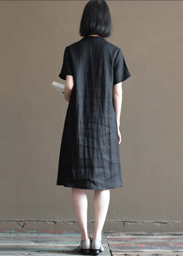 Vintage Solid Black Mandarin Collar Button Linen A Line Dresses Short Sleeve