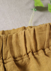 Vintage Solid Yellow Elastic Waist Wrinkled Linen Beach Shorts Summer