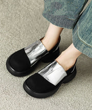 Vintage Splicing Platform Flat Shoes For Women Silver Faux Leather