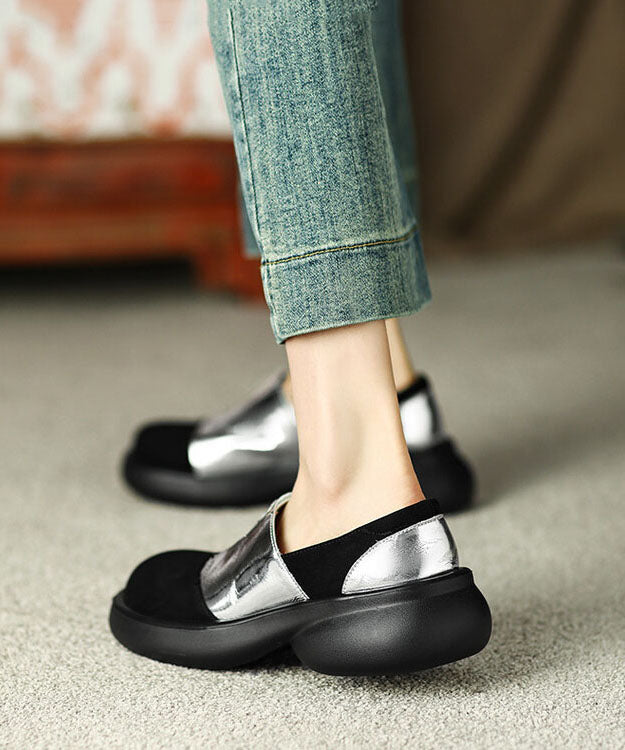 Vintage Splicing Platform Flat Shoes For Women Silver Faux Leather