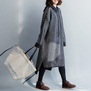 Vintage Pullover Strickoberteil Muster Moda grau gestreiftes Mujer Strickkleid mit Kapuze